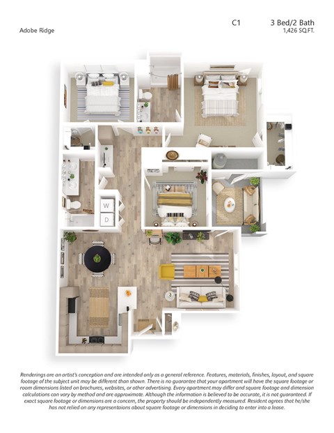 Floor plan for 3 beds, 2 baths, 1426 sqft